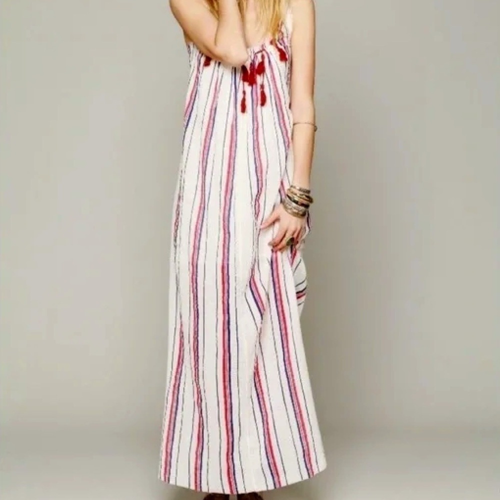 Free People Beaded Tassel Fringe Boho Striped Maxi Dress Size Small